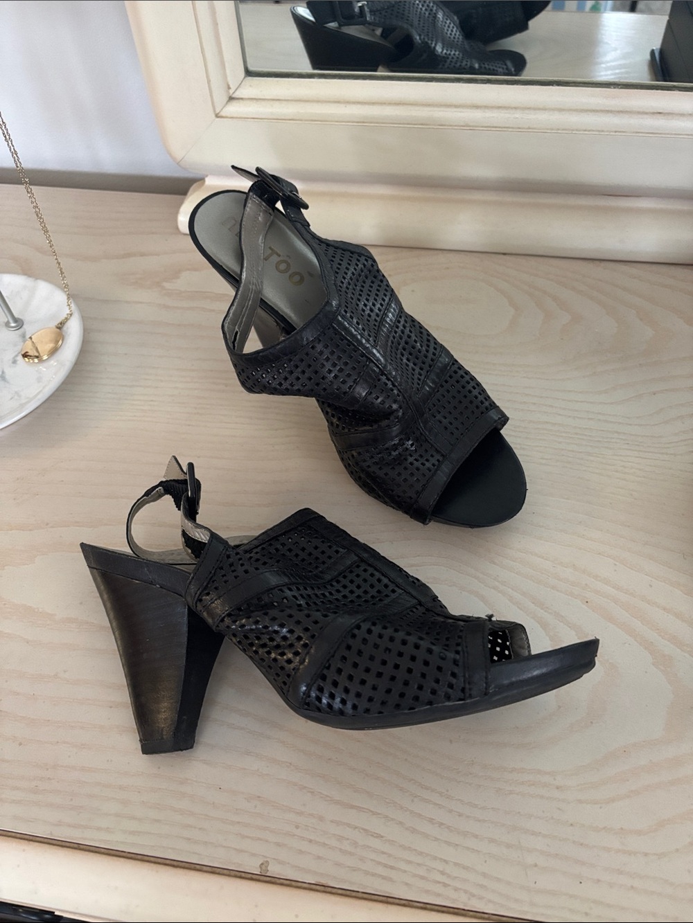 me too Black Perforated Peep-Toe Slingback Heels